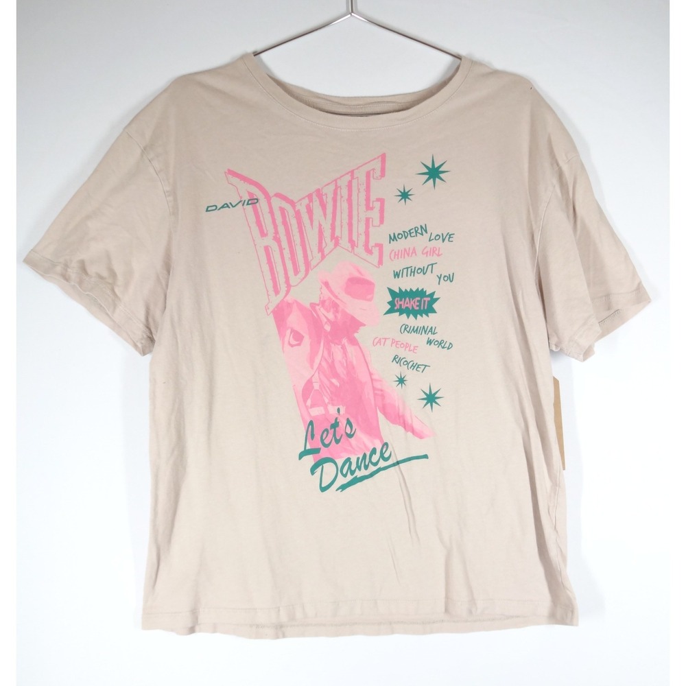 David Bowie Let's Dance Graphic T-Shirt Women Medium Tan Cotton Rock Band Tee